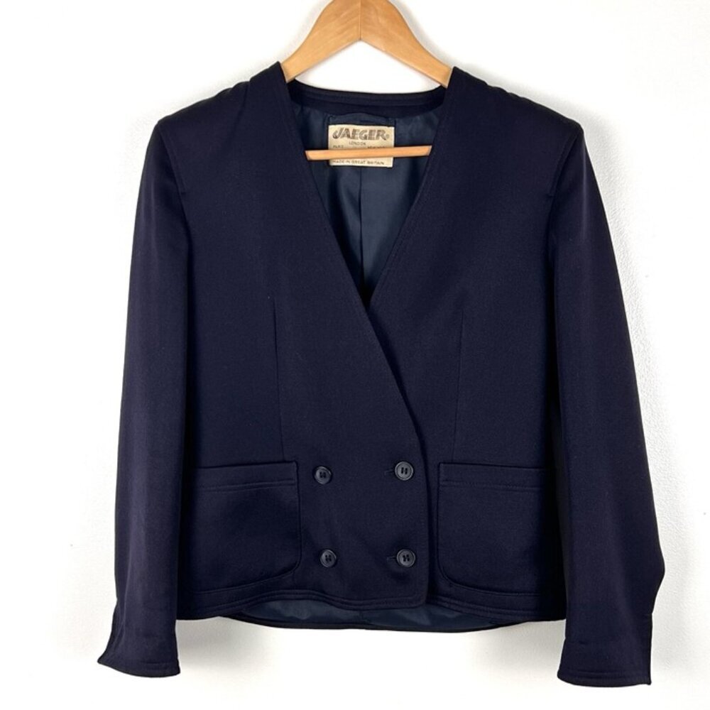 VTG Jaeger Navy Short Cropped Double‎ Breasted Wool Blazer Jacket Sz 6 Preppy